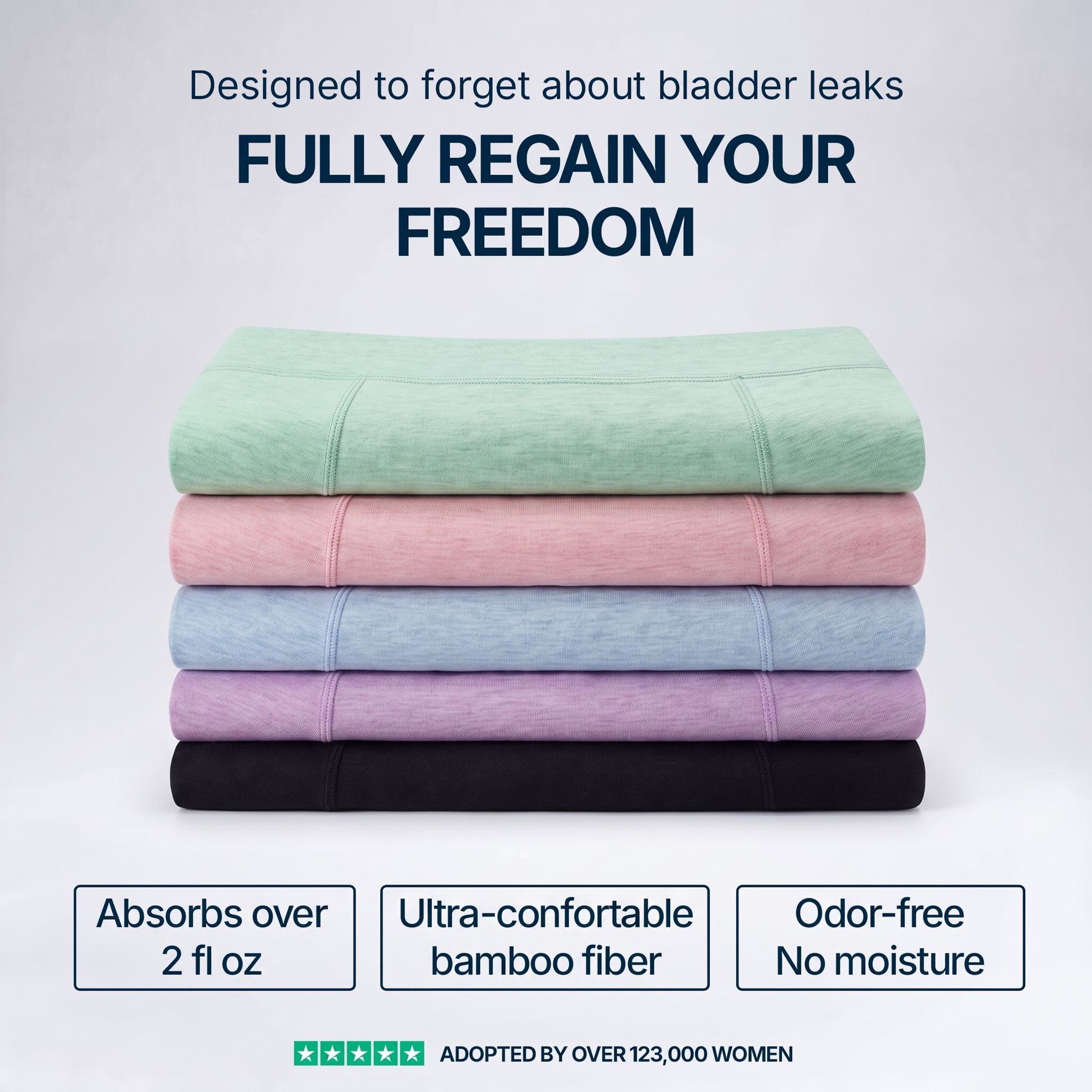 A stack of five folded fabric items in mint green, pink, light blue, lavender, and black on a light gray background, with marketing text above and feature callouts below.