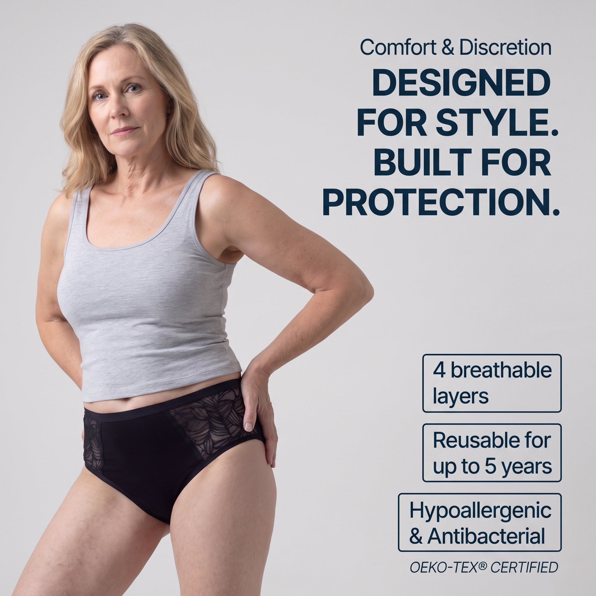 A woman modeling black lace-trimmed underwear against a light gray background, with promotional text on the right highlighting breathable layers, reusability, hypoallergenic and antibacterial properties, and OEKO-TEX certification.