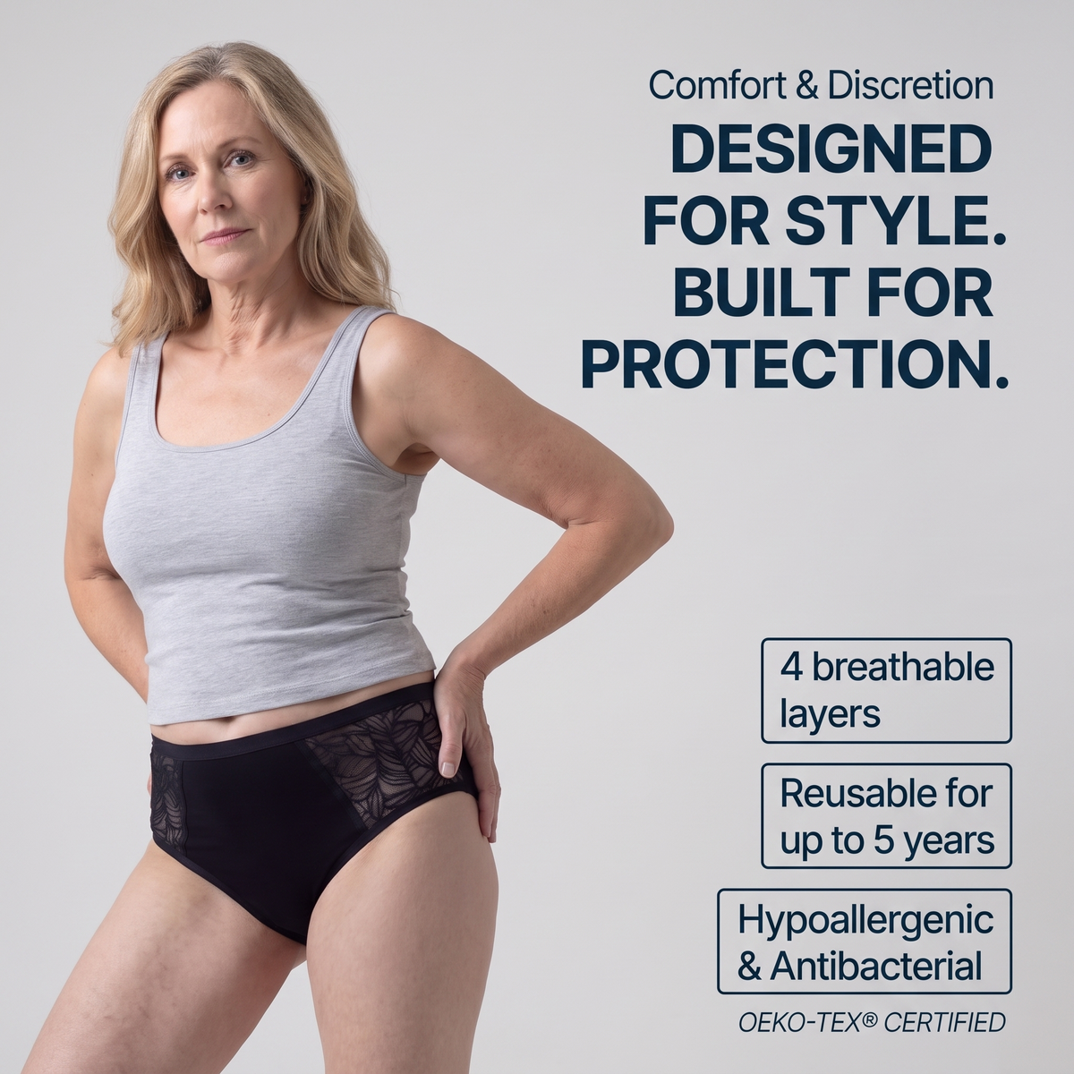 A woman modeling black lace-trimmed underwear against a light gray background, with promotional text on the right highlighting breathable layers, reusability, hypoallergenic and antibacterial properties, and OEKO-TEX certification.