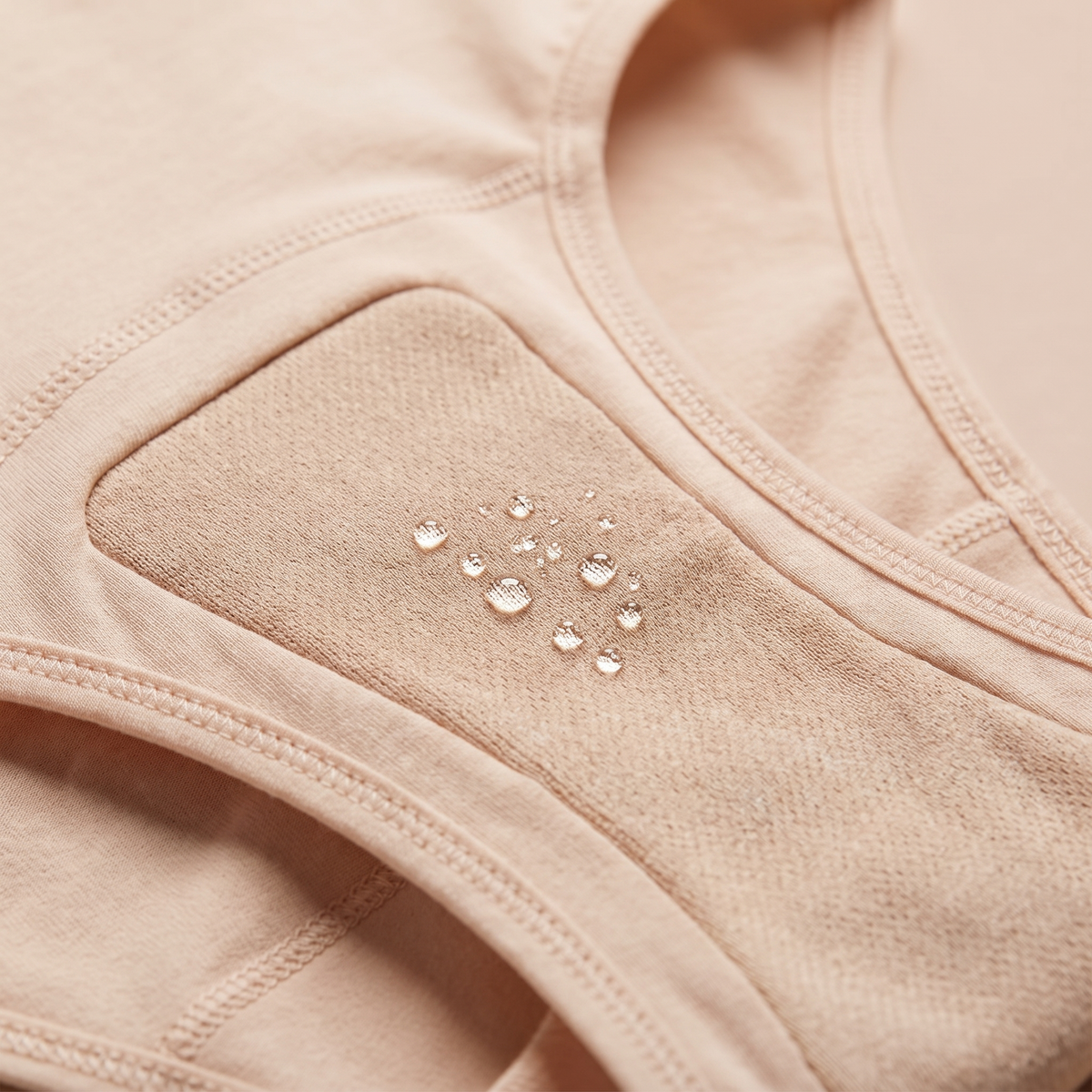 Close-up of a beige incontinence underwear showing a textured fabric panel with water droplets on the surface to demonstrate water repellency.